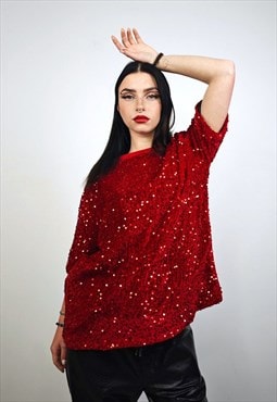 Red sequin embellished top luxury embroidered rave t-shirt 