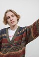 VINTAGE 90S CRAZY MULTICOLOR DEEP V-NECK JUMPER MEN WOOL XL
