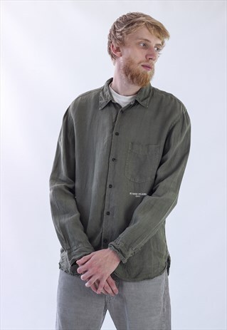 VINTAGE MENS STONE ISLAND MILITARY LINEN LONG SLEEVE SHIRT