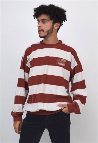 VINTAGE 90S LACOSTE BRICK RED & WHITE STRIPE SWEATSHIRT