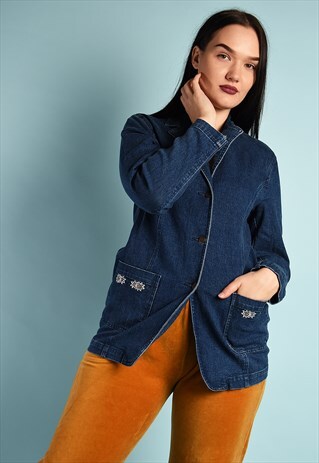 VINTAGE 90S FLORAL EMBROIDERY DENIM BLAZER JACKET