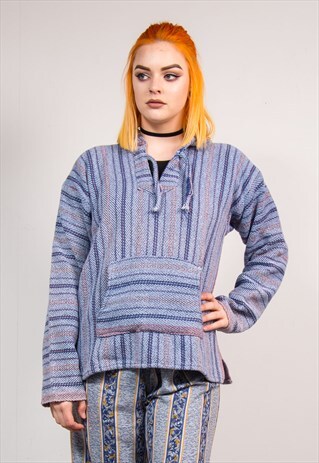 90'S FESTIVAL BLUE STRIPE PATTERN GRUNGE STYLE BAJA HOODIE