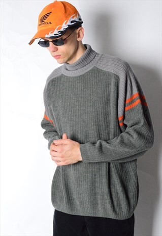 VINTAGE 90S GREY TURTLE NECK RIBBED WOOL BLEND JUMPER