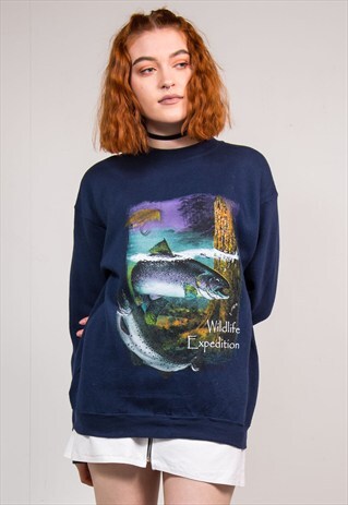90'S VINTAGE NAVY BLUE WILDLIFE EXPEDITION FISH SWEATSHIRT
