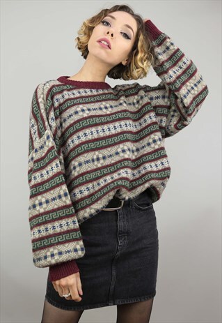 VINTAGE 80S 90S OVERSIZED PATTERNED KNIT JUMPER