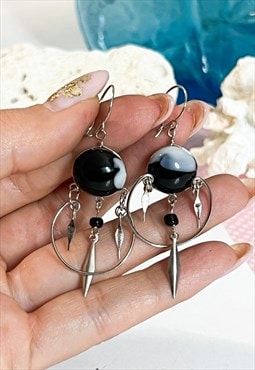 Y2K Silver and Black Glass Boho Drop Earrings