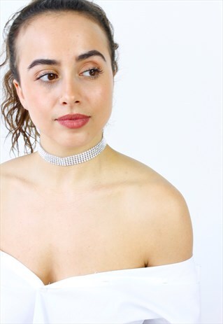 SILVER RHINESTONE CHOKER STATEMENT NECKLACE
