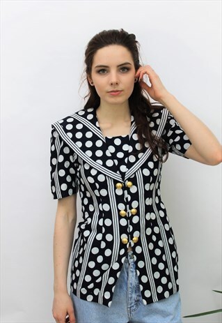 VINTAGE 1980S NAVY & WHITE POLKA DOT FITTED BLOUSE
