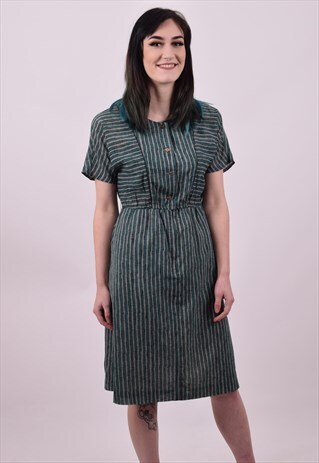VINTAGE 80'S DOES 40'S GREEN STRIPE TEA DAY DRESS SIZE 12 14
