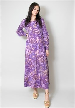 70's Vintage Purple Lilac Floral Bell Sleeve Maxi Dress
