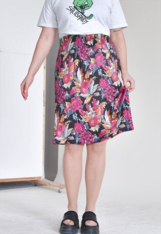 VINTAGE 80S HIGH WAIST MIDI PLEATED FLORAL MULTI COLOR SKIRT