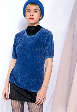 VINTAGE CHENILLE TOP 80S BLUE KNIT JUMPER