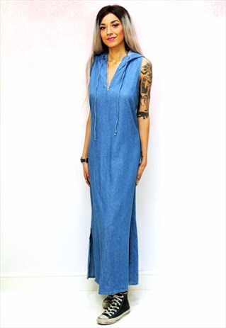 1990S VINTAGE SOFT DENIM HOODED MAXI DRESS