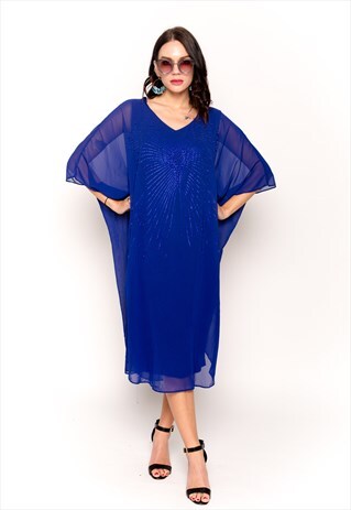 PEARL EMBELLISHED BUTTERFLY PATTERN OVERSIZED KAFTAN DRESS
