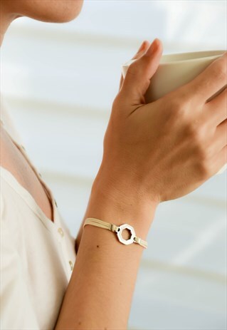 BEIGE CORD BRACELET SILVER HEXAGON CHARM GIFT FOR HER