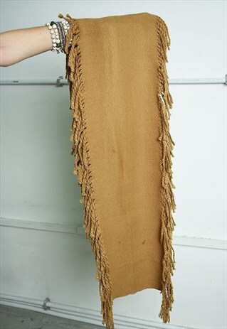 VINTAGE 90S FRINGED TASSEL BROWN LONG WINTER SCARF