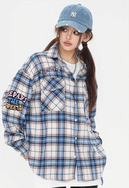 Retro check shirt long sleeve vintage wash top in blue