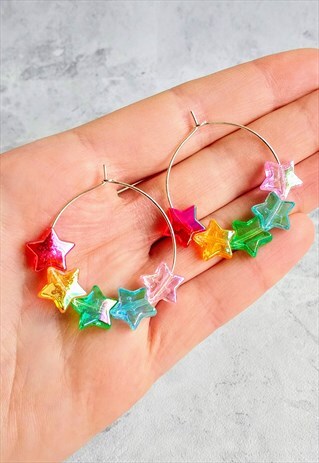 RAINBOW IRIDESCENT CANDY STAR HOOP EARRINGS