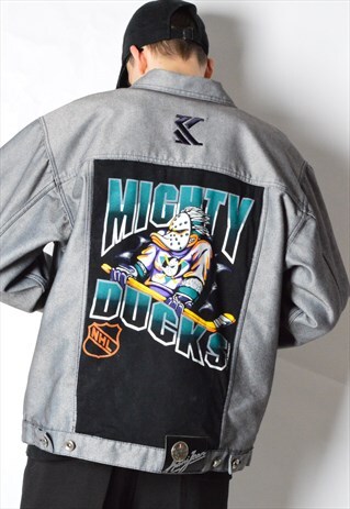 REWORKED 90S SILVER GREY KARL KANI X NHL DENIM JACKET