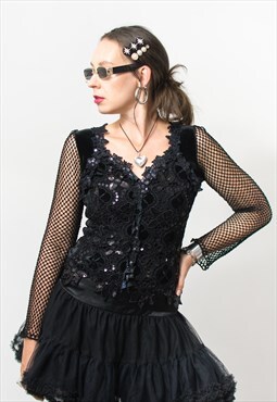 Vintage Sagaie Paris velvet top sheer sleeves top lace 