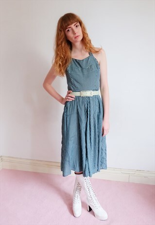 VINTAGE 50S BLUE PLAID HALTER NECK DRESS