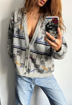 80s Button Up Hipster Geometric Textured Cardigan L XL