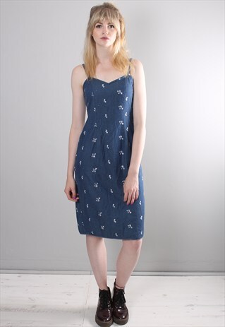 VINTAGE 90S DENIM EMBROIDERED STRAPPY DRESS