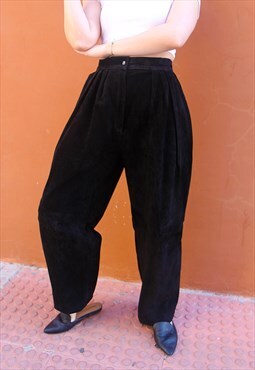 Black Real Suede Tapered Leg Trousers