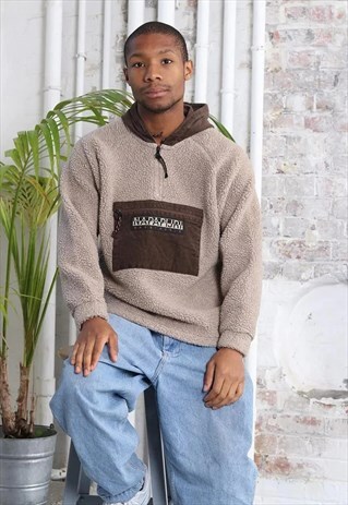 VINTAGE NAPAPIJRI 1/4 ZIP LOGO FLEECE HOODED BROWN BEIGE
