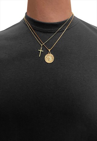 MINI CROSS SAINT CHRISTOPHER PENDANT NECKLACE CHAIN - GOLD