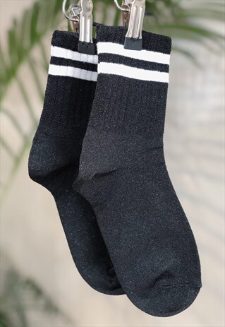 BLACK METALLIC WHITE VARSITY STRIPE SOCKS