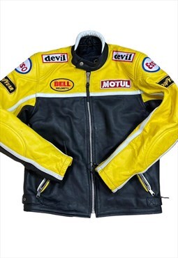 Vintage Y2K Leather Racing Moto Jacket Yellow Festival