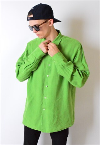 VINTAGE 90S NEON GREEN LINEN LONG SLEEVE SHIRT