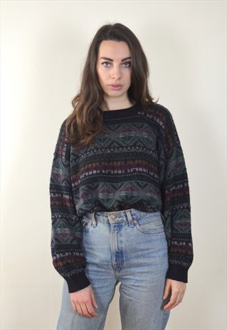 90S VINTAGE BLACK PATTERNED KNIT JUMPER
