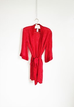 Vintage Red Silk Velvet Short Floral Kimono Robe Size S