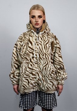 Tiger print hooded jacket handmade detachable zebra bomber