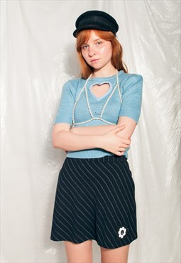 Vintage Jumper Y2K Reworked Heart Cut Out Top in Blue