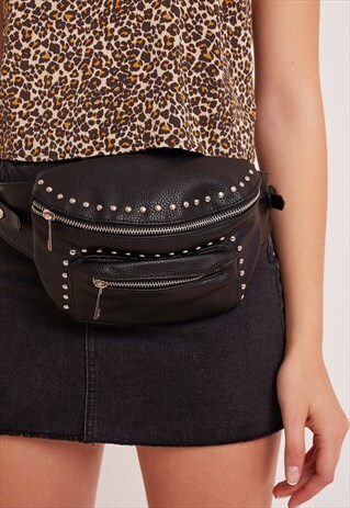 STUDDED BELT BAG - BLACK FAUX LEATHER
