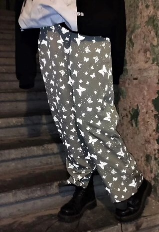 REFLECTIVE BUTTERFLY JOGGERS WIDE OVERALLS GREY