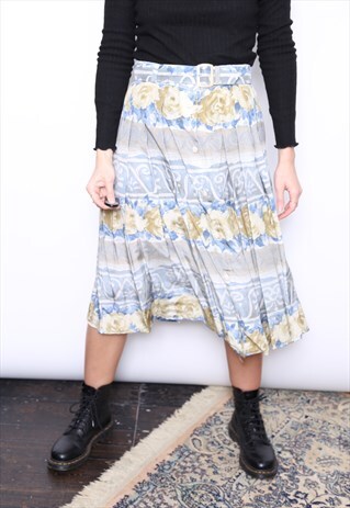 VINTAGE 90S NAVY FLORAL PRINT PLEATED MIDI BUTTON SKIRT