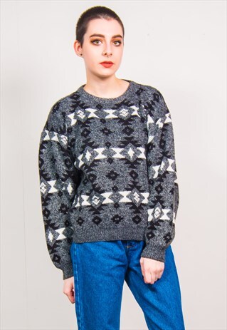 VINTAGE 90'S GREY FAIRISLE PATTERN KNIT JUMPER