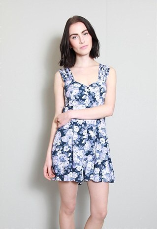 VINTAGE 1990'S BLUE FLORAL PRINT MULTI STRAP PLAYSUIT