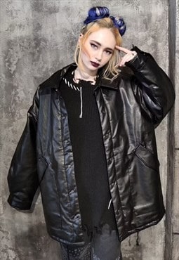 Faux leather oversize bomber PU lapel loose coat in black