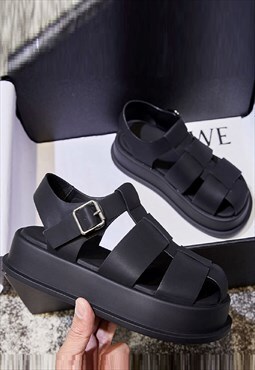 Chunky sole gladiator sandals real leather platform slides