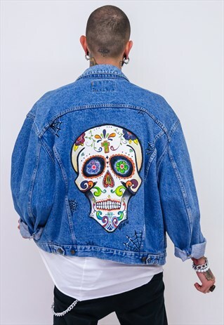 VINTAGE CARRERA MEXICAN SKULL HANDPAINTED DENIM JACKET B114