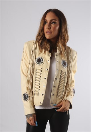 VINTAGE LEATHER TASSEL BIKER JACKET BEADED UK 10 - 12 (K94F)
