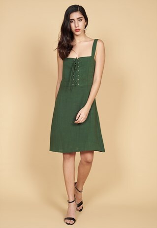 GEMMA LACE UP DRESS IN FOREST GREEN