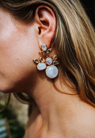 GOLD PLATED 925 SILVER HEAVY DROP MOONSTONE EARRINGS