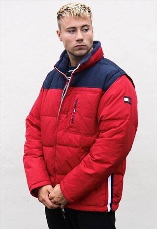 RED AND NAVY TOMMY HILFIGER PUFFER WITH DETACHABLE SLEEVES