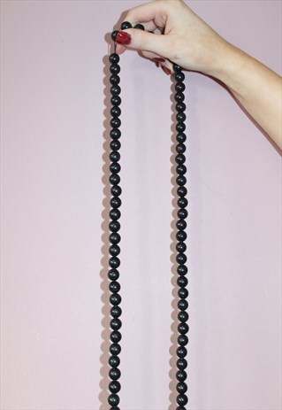 VINTAGE BLACK LONG BEADED NECKLACE - 60S COSTUME JEWELLERY